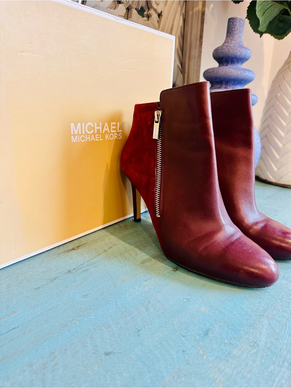 Michael Kors Burgundy Leather Ankle Booties with Side Zip